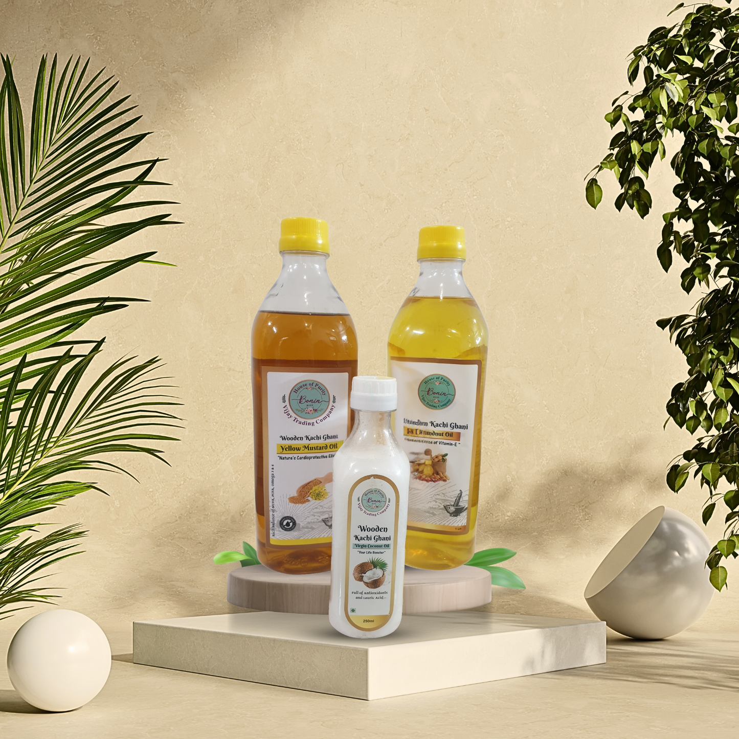 Yellow Mustard Oil 1 ltr, Groundnut Oil 1 ltr , Virgin Coconut Oil 250 ml
