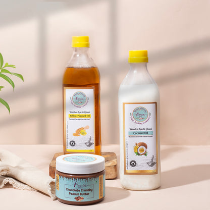 Yellow Mustard Oil 1 ltr, Coconut Oil 1 ltr , Chocolate Peanut Butter 350gms