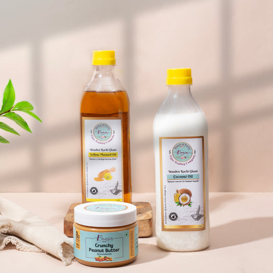 Yellow Mustard Oil 1 ltr, Coconut Oil 1 ltr , Crunchy Peanut Butter 350gm